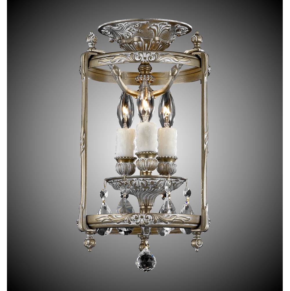 American Brass And Crystal 3 Light 8 inch Semi-Flush Lantern with Clear Curved glass and Crystal